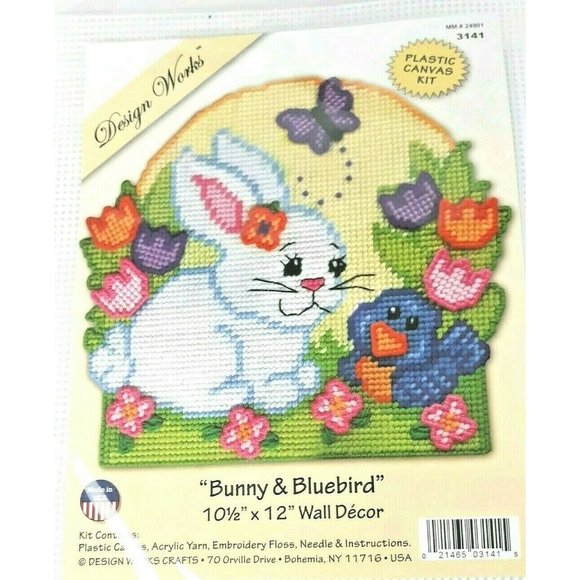 Counted Cross Stitch Bunny Bluebird Flowers Spring - Picture 1 of 4